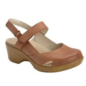 Alegria Tarah Cognac Leather Ankle Strap Wedge Shoes